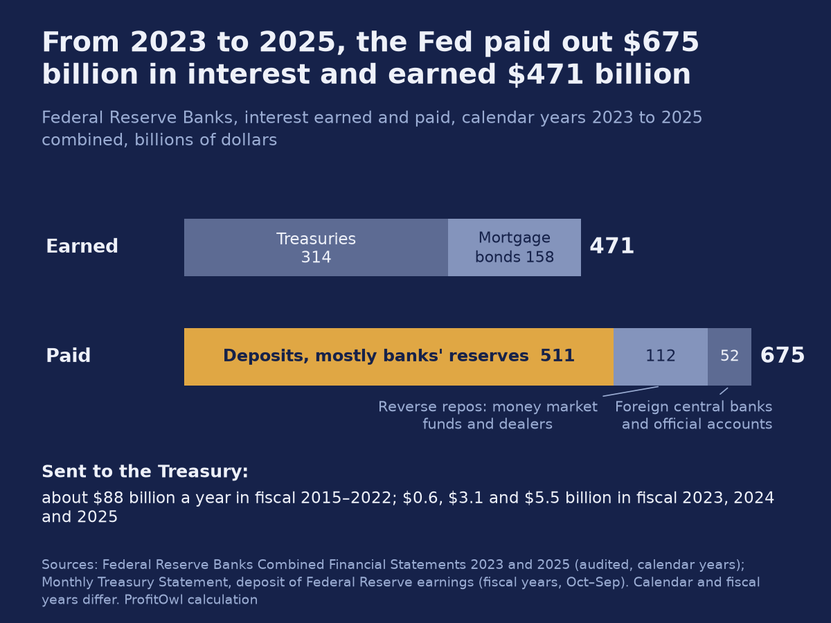 Two stacked bars for 2023 to 2025 combined. The Fed earned 471 billion dollars of interest, 314 on Treasuries and 158 on mortgage bonds. It paid 675 billion: 511 on deposits, mostly banks' reserves, 112 on reverse repos, mostly money market funds, and 52 to foreign official accounts. It sent the Treasury 0.6, 3.1 and 5.5 billion dollars in the fiscal years 2023 to 2025, after about 88 billion a year before.